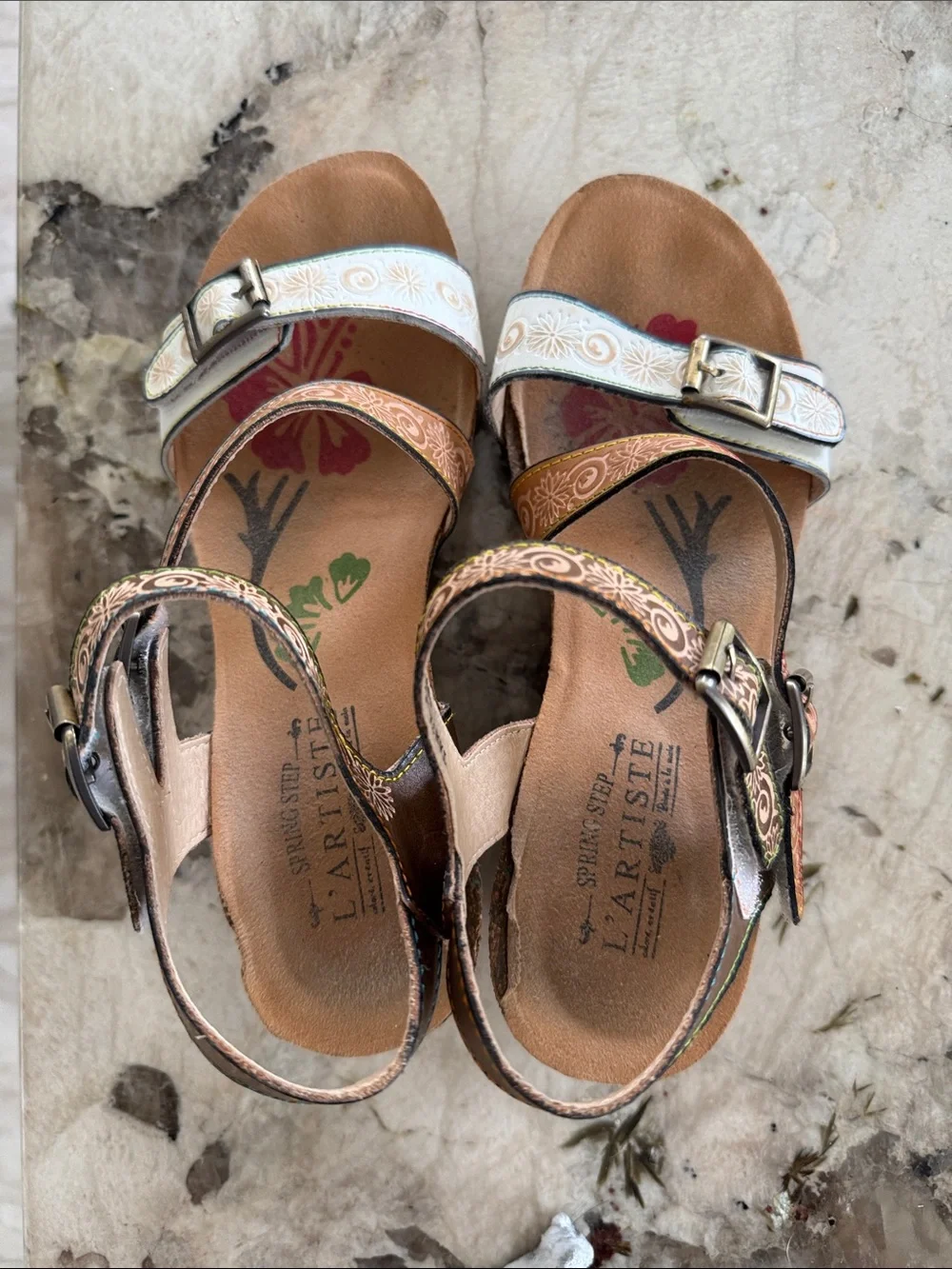 L'ATISTE Brown and White Floral Embossed Wedge Sandals